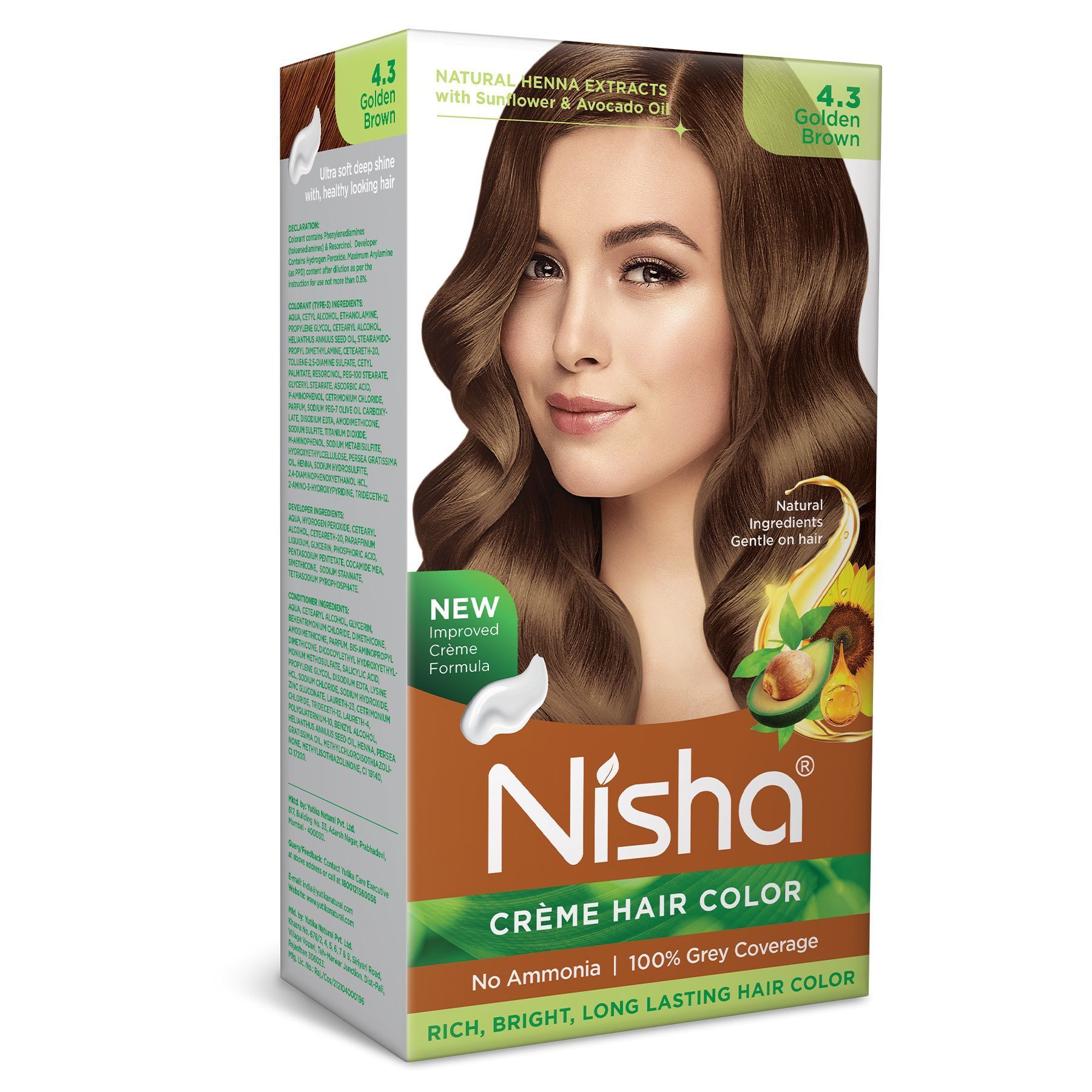 Nisha Creme Hair Color 4.3 Golden Brown 120g, Permanent Hair Color for Women Men, Ammonia Free Hair Colour