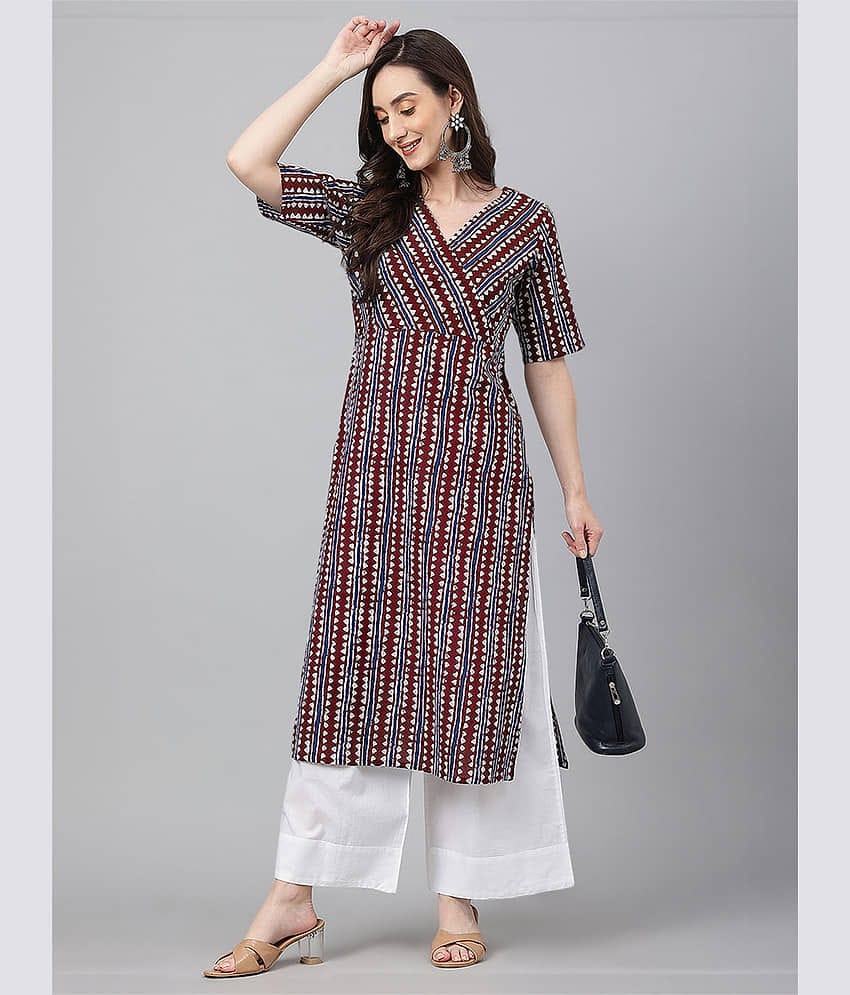 Janasya Pack of 1 Cotton Printed Straight Women's Kurti - ( Maroon )