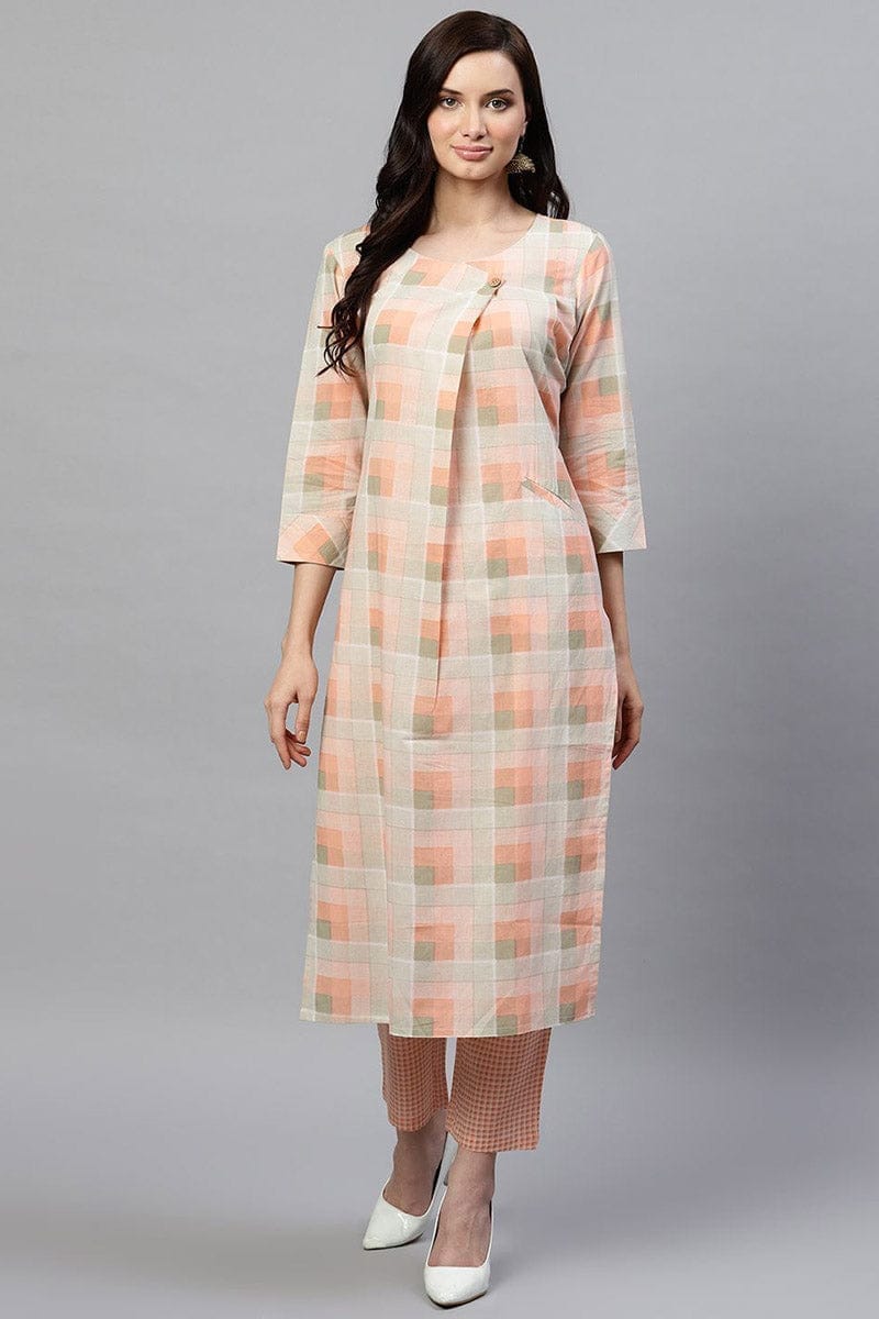 Peach Pure Cotton Checks Printed Kurta Set VKSET1023