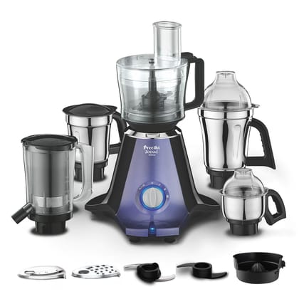 Preethi Zodiac Glitter Mixer Grinder+Food processor I 750 Watt I 2yr Guarantee & Lifelong Free Service I 5 Jars (3 Stainless steel Jars +1 Juicer Jar+1 Master Chef Plus Food processor Jar)-MG 264, Preethi Zodiac Glitter Mixer Grinder+Food processor I 750