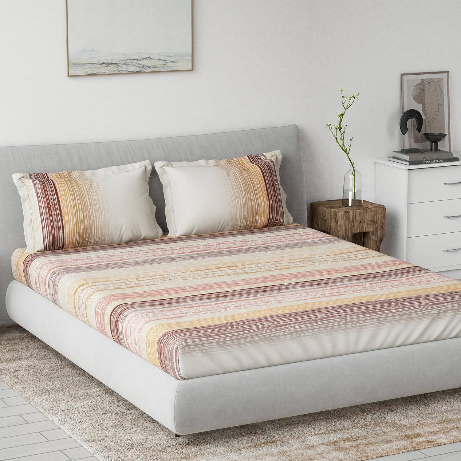 DDECOR - Primary Collection 100% Cotton Contemporary Pattern 145TC King Bedsheet |229 CM X 274 CM| with 2 Pillow Covers - Brown