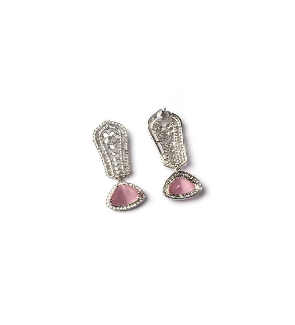 Generic Women's Brass Silver Plated Drop Earrings (Pink)-PID66276