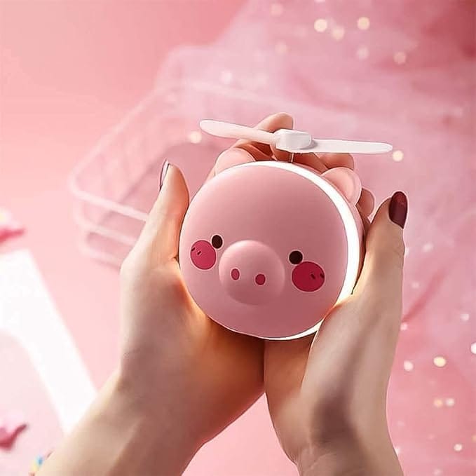 3 in 1 Cute Pink Pig Animal Fast and Convenient USB Charging LED Fill Light Makeup Portable Mirror with Fan