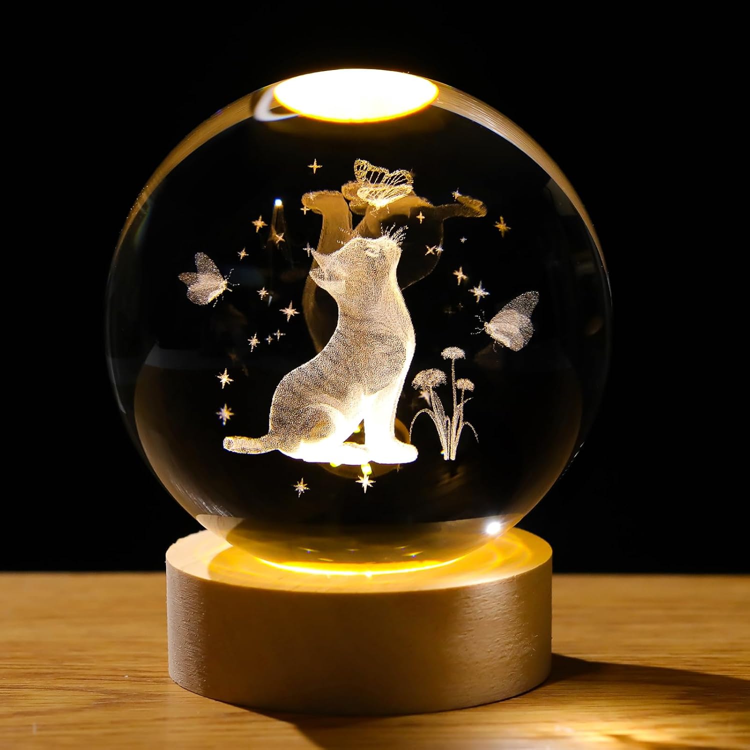 Arikyrist 3D Crystal Cat Figurine With Wooden LED Light Base, 80Mm Crystal Ball Decor, Laser Engraved Glass Sphere Gifts for Cat Lovers