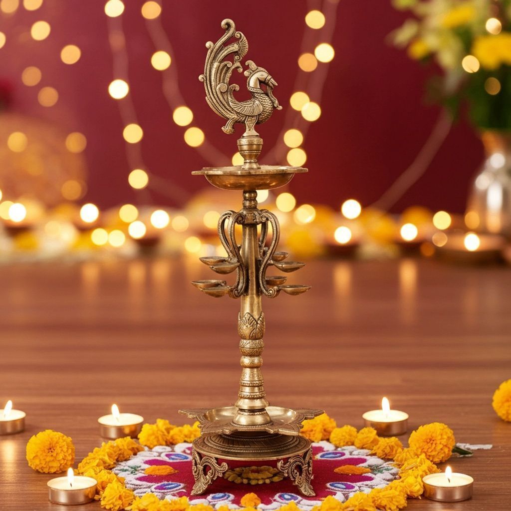 Brass Showpiece Standing Deepak With Bird Statue (BSMAS905 B)