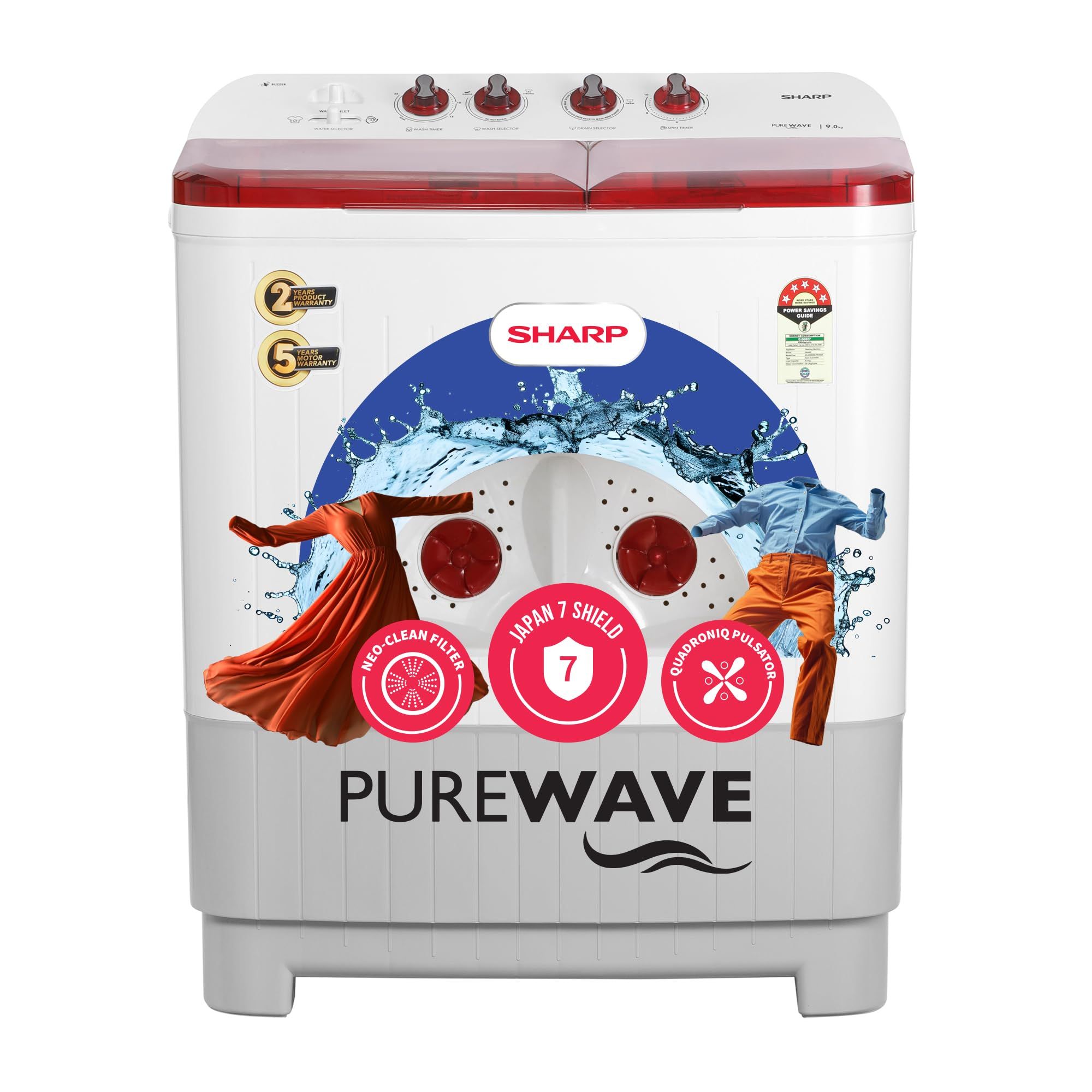 SHARP 9.0 kg, 5 star, Semi-Automatic Top Loading Washing Machine with HydroBlast Wash, Quadroniq Pulsator, 1300 RPM (ES-SD90NB-PR, Ruby Red, Pure Wave) SHARP 9.0 kg, 5 star, Semi-Automatic Top Loading Washing Machine with HydroBlast Wash, Quadroniq Pulsa