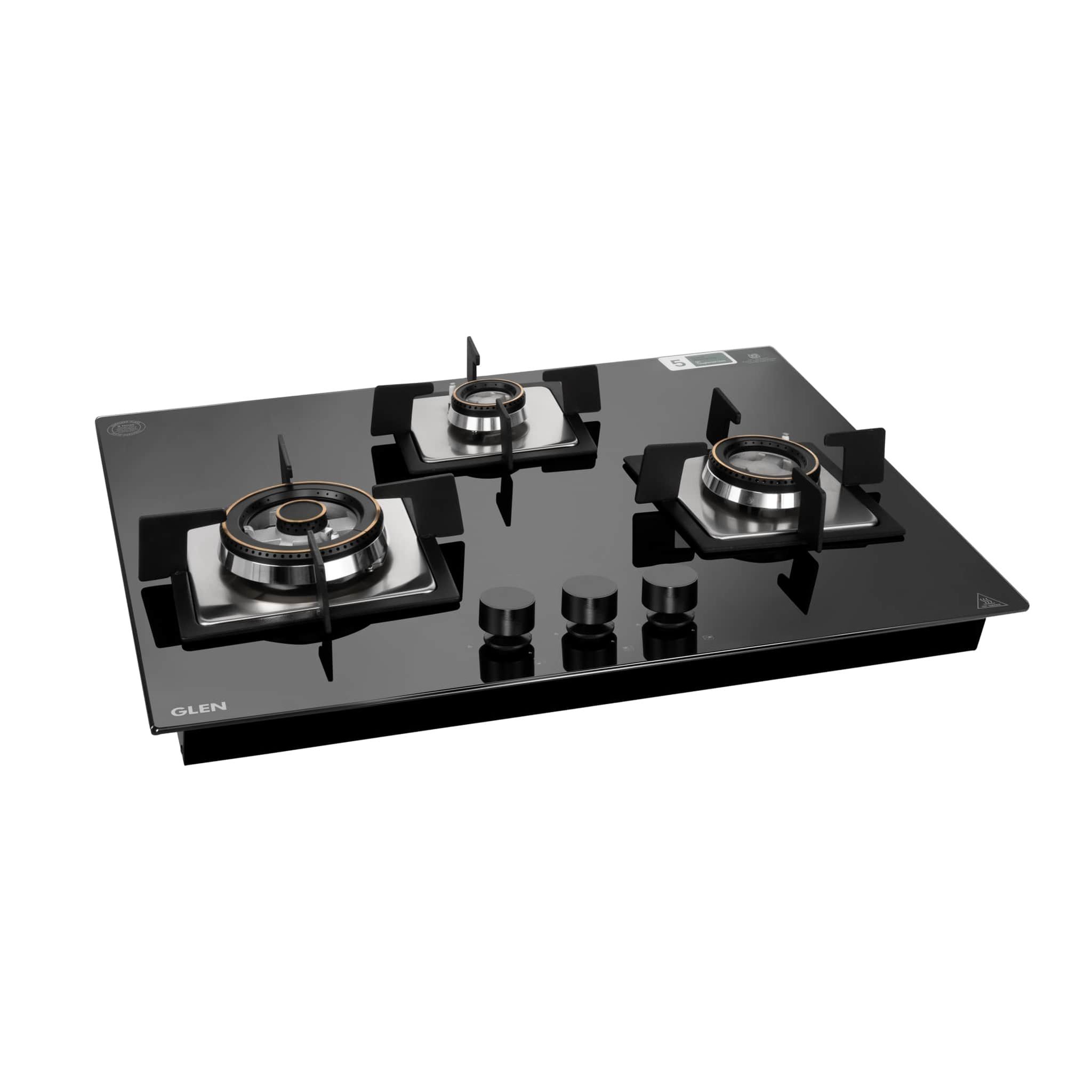 3 Burner Glass Hob Top Triple Ring Burner Double Ring Forged Brass Burners Auto Ignition (1073 XL HT DB BL)