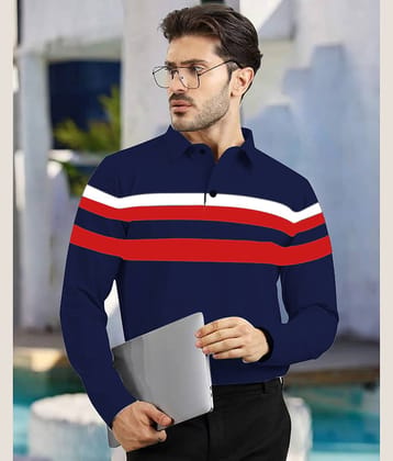 AOOSH Pack of 1 Cotton Blend Regular Fit Striped Full Sleeves Men's Polo T Shirt ( Navy )