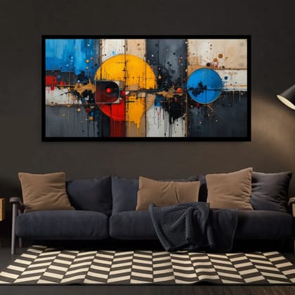 Luminary Orbiting Balance–Modern Geometric Museum-Quality Cotton Canvas Handprint for Office Wall Décor | Frame Size (127 X 69 Cm) | Frame Type (Black) | 5-Year Warranty