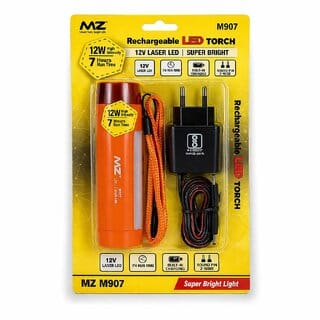 MZ M907 Rechargeable 12W Laser LED Torch High Intensity Super Bright Flashlight with 7-Hour Runtime, Round Pin Charger, and Hanging Lanyard (Orange) MZ M907 Rechargeable 12W Laser LED Torch High Intensity Super Bright Flashlight with 7-Hour Runtime, Round Pin Charger, and Hanging Lanyard (Orange)