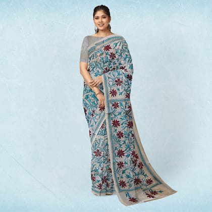 Black Shadows Floral Kantha Stitch Tussar Silk Saree