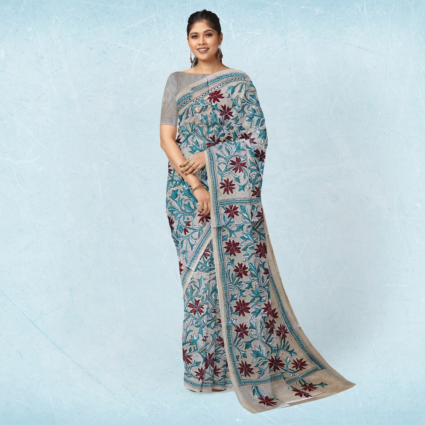 Black Shadows Floral Kantha Stitch Tussar Silk Saree