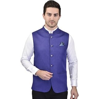 PrintCulture Men Self Design Blue Cotton Blend Nehru Jacket