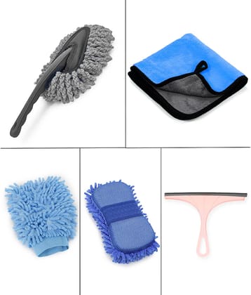 Mahek Accessories - Car Cleaning Combo Of Wet & Dry Mini Microfiber Duster , Gloves , Wiper Microfiber Sponge And Microfiber Cloth 40*40CM 600GSM for car accessories( Pack Of 5 )