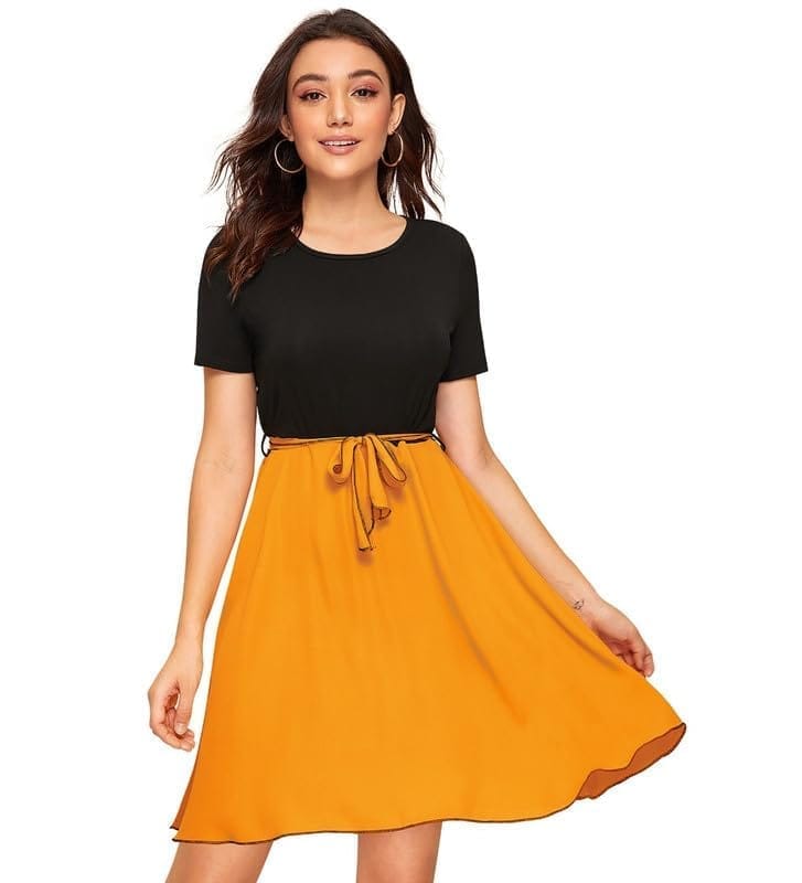 Women's Knitting Stretchable Solid Round Neck Cap Sleeve Dresses (Yellow, XL)-PID56848