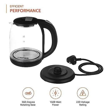 Hafner Electric Kettle with Stainless Steel Body,Used for boiling Water, Making tea and coffee, Instant noodles, Soup etc. 1500 Watt (Glass)/2 litre Glass