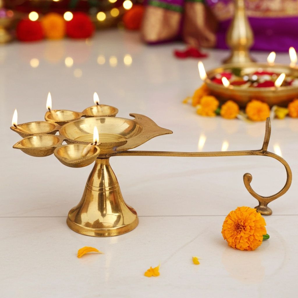 Brass Table Decor Oil Lamp Deepak 5 Wicks  - Devotional Brass Diya for Spiritual D�cor, Height : 3.3 Inch (FMAS317 F)