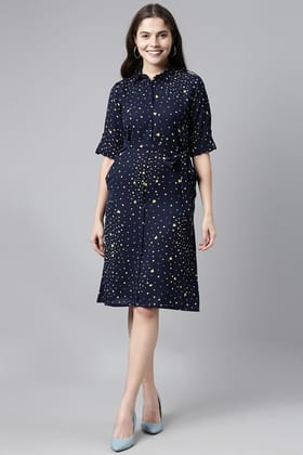 Navy Blue Georgette Dot Printed Straight Mini Dress VD1078
