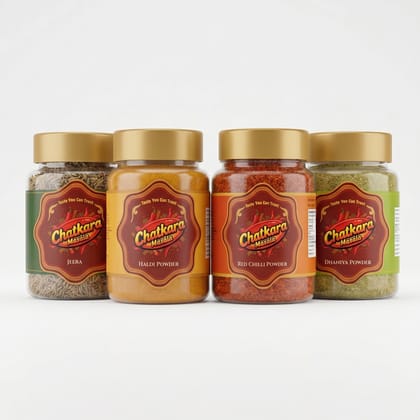 Chatkara Masala Combo of Haldi Powder, Dhaniya Powder, Jeera, Red Chilli Powder, 100g and 200g Each, 4 Pack Chatkara Masala Combo of Haldi Powder, Dhaniya Powder, Jeera, Red Chilli Powder, 100g and 200g Each, 4 Pack