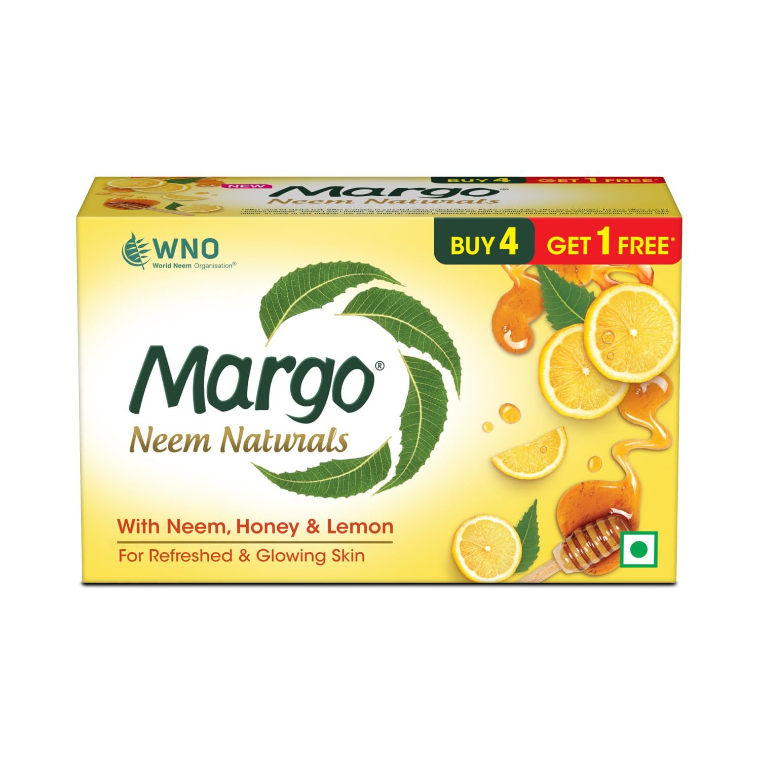 Margo Neem Naturals Soap with Goodness of 1000 Neem Leaves (100gm X Pack of 5) | Enriched With Honey & Lemon | Soap for Refreshed & Glowing Skin [100GM X 5] Margo Neem Naturals Soap with Goodness of 1000 Neem Leaves (100gm X Pack of 5) | Enriched With Ho