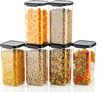 FOXTAIL 6-Piece Square Plastic Storage Containers Set - 1100ML Unbreakable Airtight Kitchen Jars for Food Storage (Black)