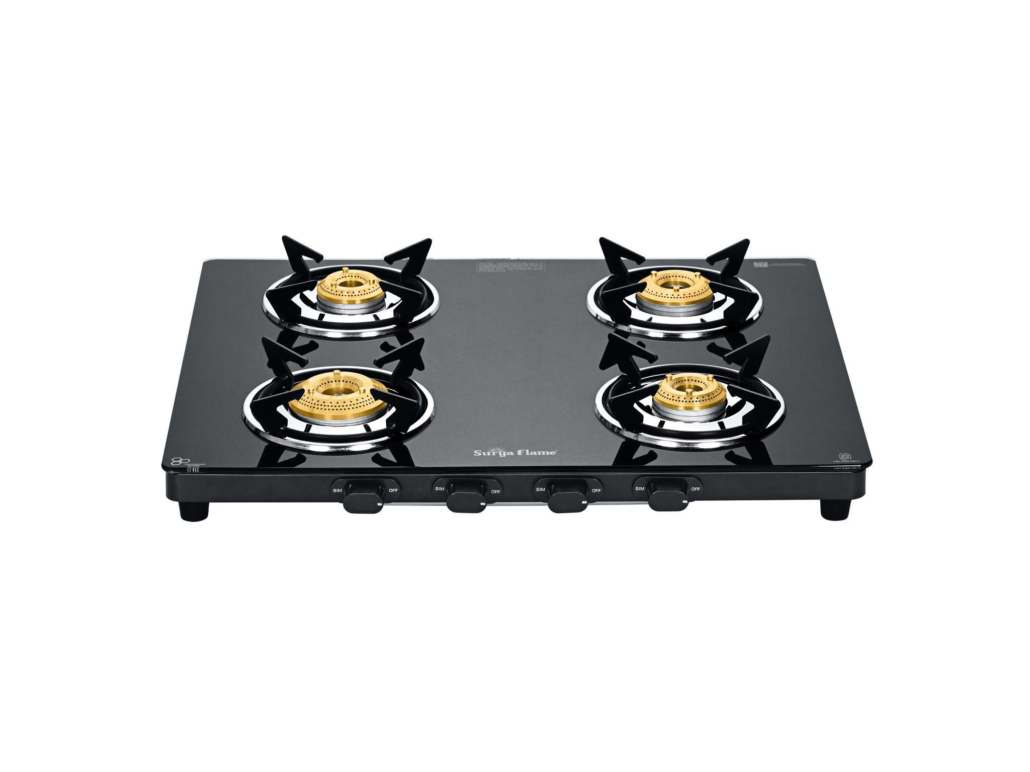Surya Flame Creta Gas Stove 4 Burner Gas Stove, Brass Burners with Jumbo Option, Toughened Glass Top, Removable Drip Tray, Manual Ignition, 69%+ Efficiency, ISI Certified, 2-Year Warranty - Black