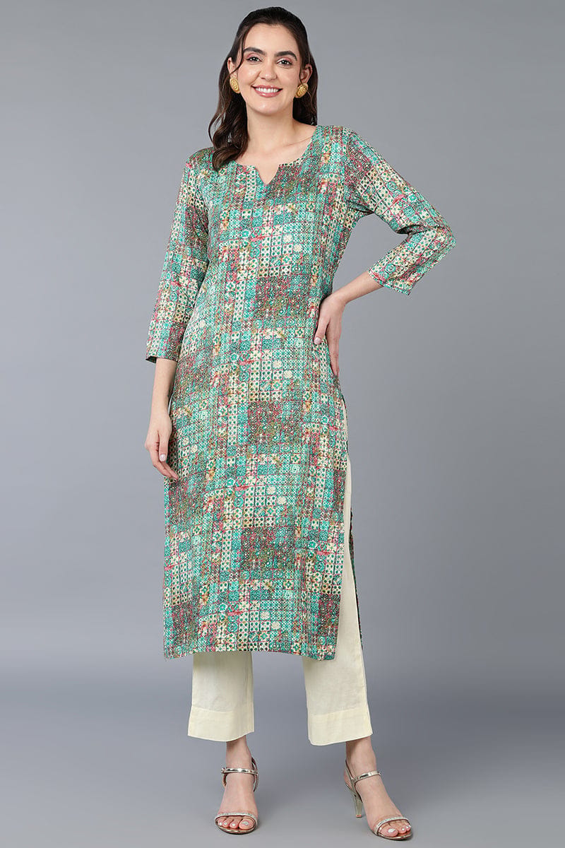 Cotton Blend Green Printed Straight Kurta VCK9393