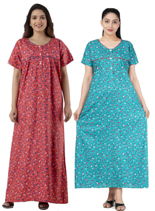 Combo Floral Printed Maxi Nightwear Nighty | Cotton Nighty for Women with Pockets | Comfortable Maxi Dress/Sleepwear/Nightwear (Free Size- L/XL)