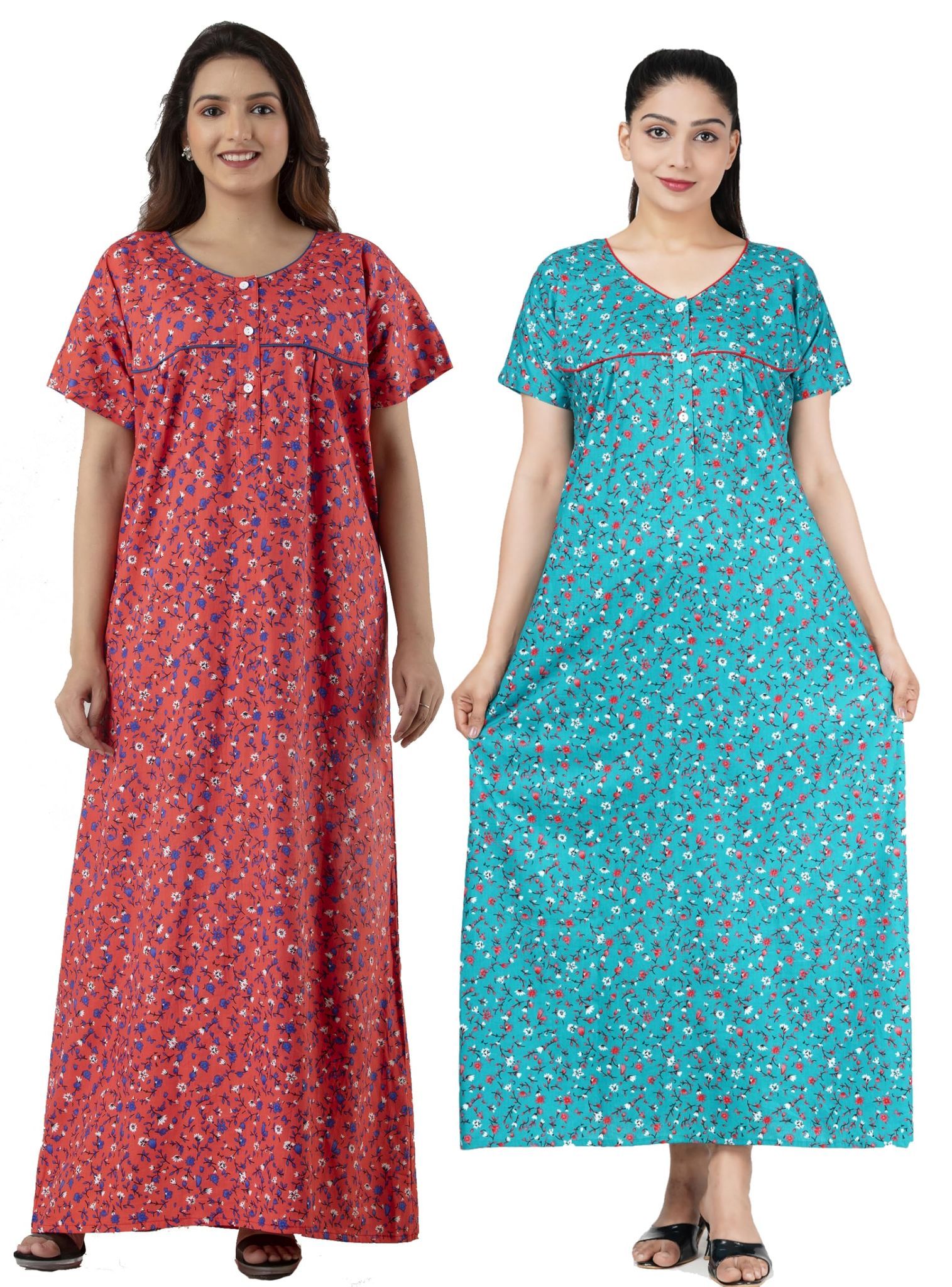 Combo Floral Printed Maxi Nightwear Nighty | Cotton Nighty for Women with Pockets | Comfortable Maxi Dress/Sleepwear/Nightwear (Free Size- L/XL)