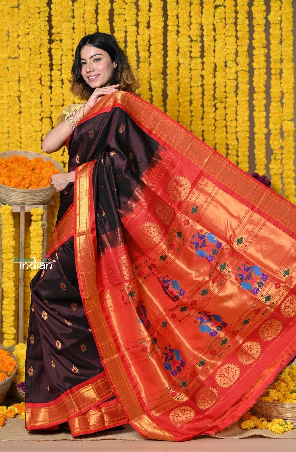 Rajsi~ Handloom Pure Silk Maharani Paithani With Handcrafted Maharani Pallu~ Deep Maroon with Red