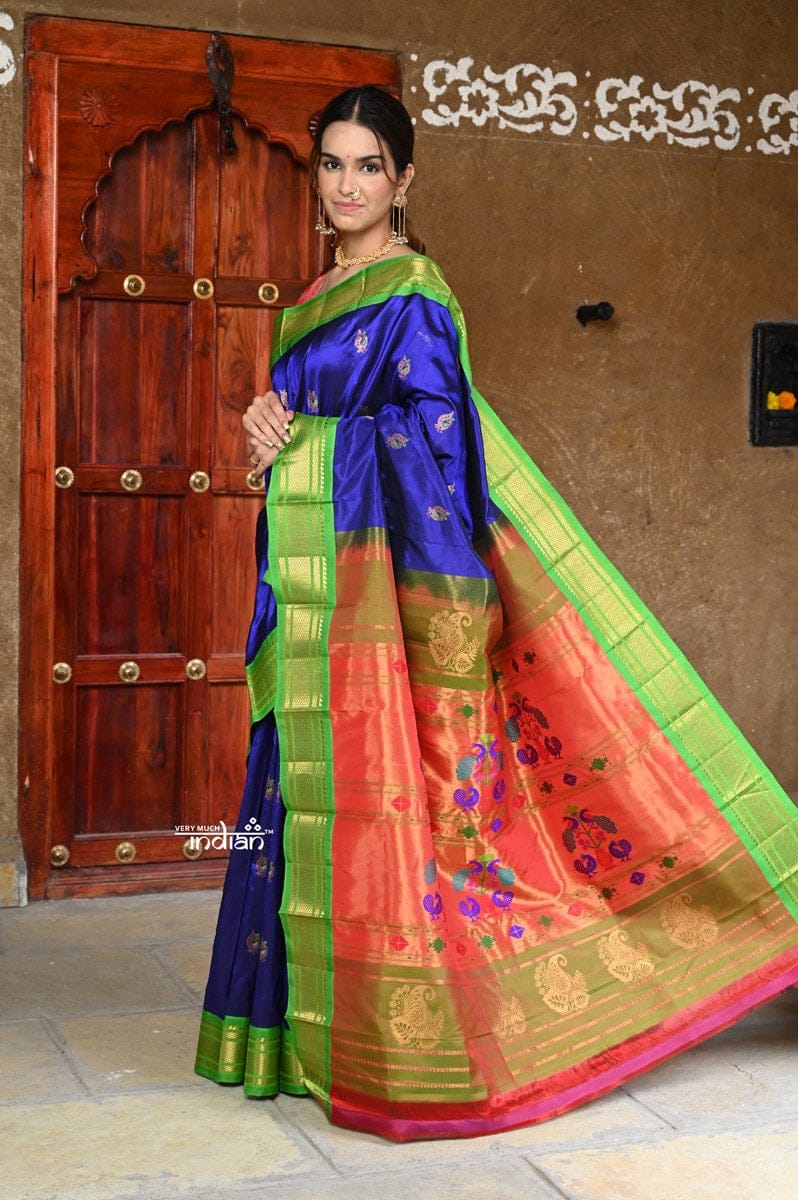 Rajsi~ Pure Silk Handloom - Maharani Paithani in Vibrant Blue with Rich Lime Green Border