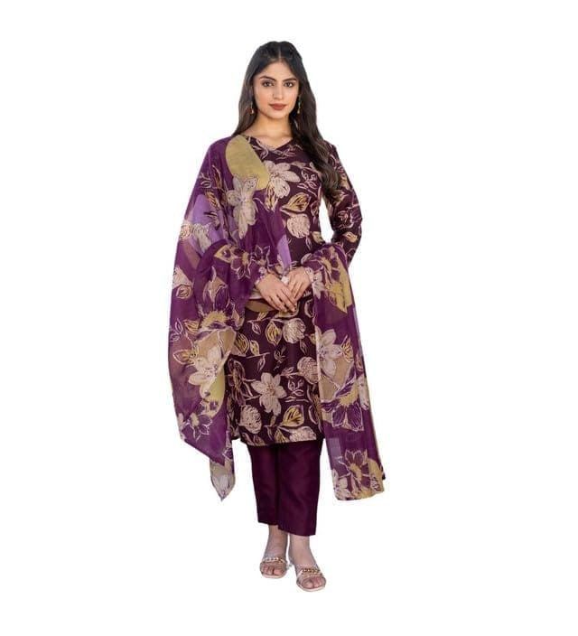 Women's Cotton Blend Printed Kurti with Pant Dupatta Set (Purple, M)-PID63055