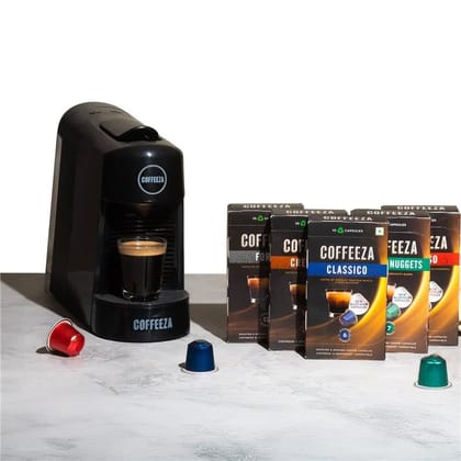 COFFEEZA Finero Next Capsule Coffee Machine (Black) + Variety Pack of 5 Blends (50 Capsules) – 20 Bar Pressure, Original Line Compatible – Ideal Gift for Coffee Lovers COFFEEZA Finero Next Capsule Coffee Machine (Black) + Variety Pack of 5 Blends (50 Cap
