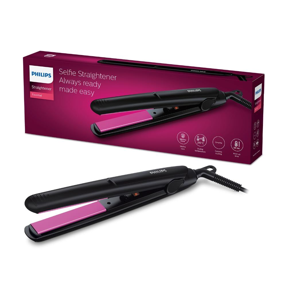 Philips India's No.1 Hair Styling Brand Selfie Hair Straightener, Minimized Heat Damage,SilkPro Care, Ceramic Plates,Smooth Shiny Straight Hair, 210°C Temp, Salon like Result | For Indian Hair, HP8302 Philips India's No.1 Hair Styling Brand Selfie Hair S