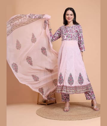 Yash Gallery Women Cotton Blend Printed Anarkali Kurti With Pants ( Pink )