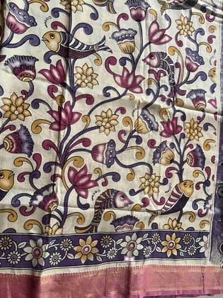 Kalamkari Silk Saree in Off White with Mythological Floral Motifs Kalamkari Silk Saree in Off White with Mythological Floral Motifs