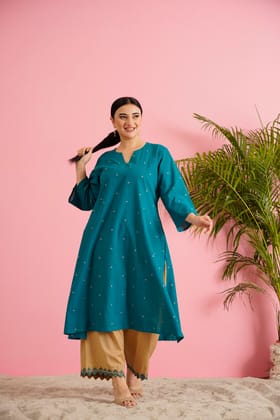 A Pristine Teal Blue Plus Size Handloom Cottonj kurtie Set