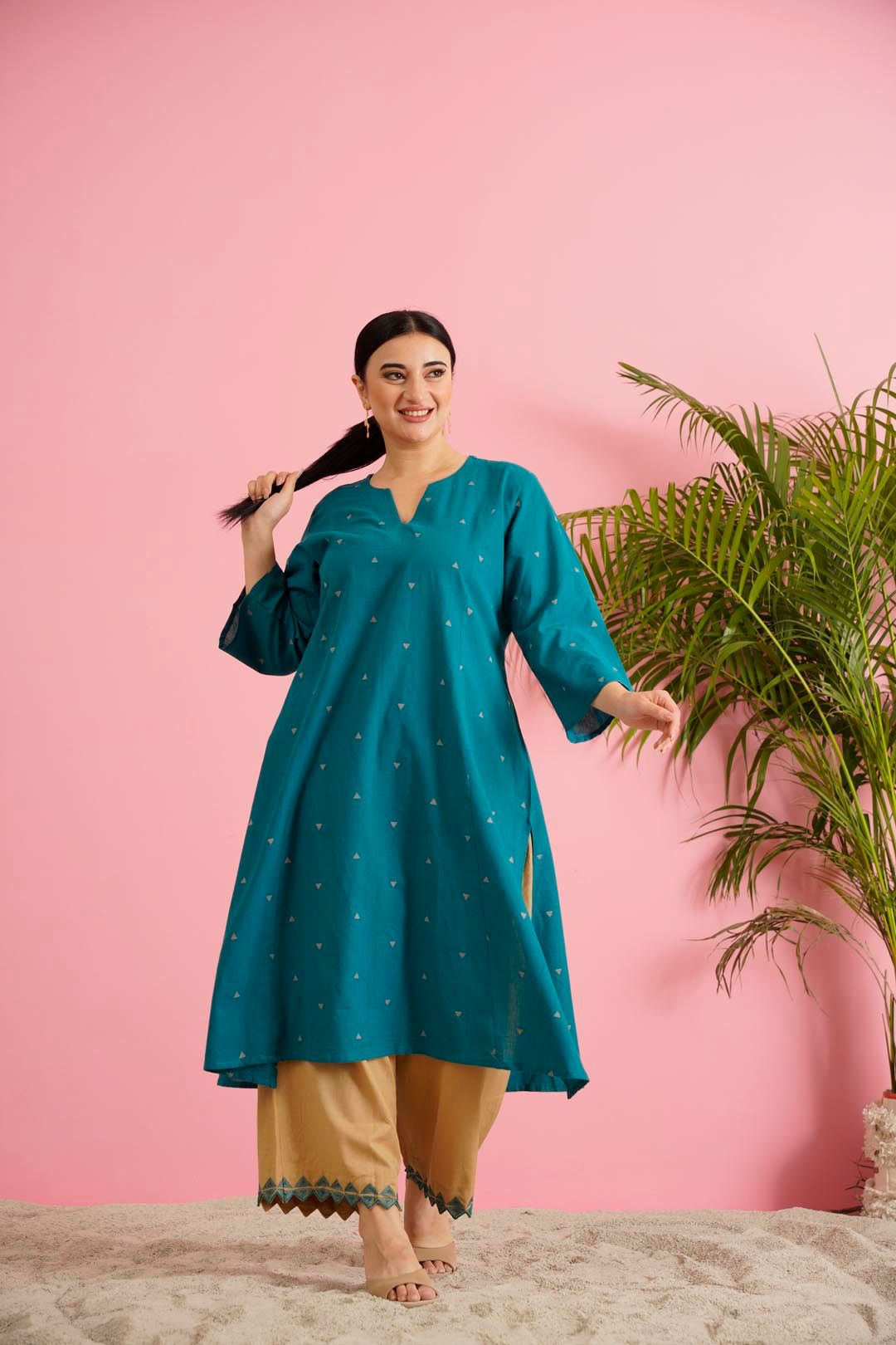A Pristine Teal Blue Plus Size Handloom Cottonj kurtie Set