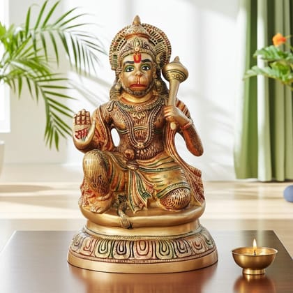 Brass Sitting Hanuman Ji Idol - Traditional Temple Murti, Height : 15.5 Inch (BSMAS499 A)