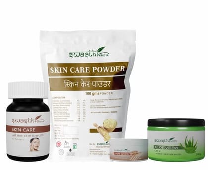 Swasth Arogya Skin Disease Combo || Eczema Allergy || Pimple || Scar || Dark Spot || Acne || Psoriasis.|| Best Ayurvedic Combo - Pack Of 1 Powder, A Bottle Of Tablet, 1 Cream & 1 Gel.||