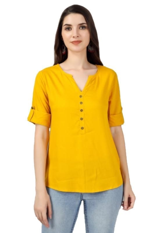 Women's Solid Short Length Rayon Tunic Top (Yellow, L)-PID46363