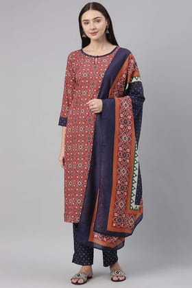 Red Polyester Ikat Print Straight Suit Set PKSKD1023