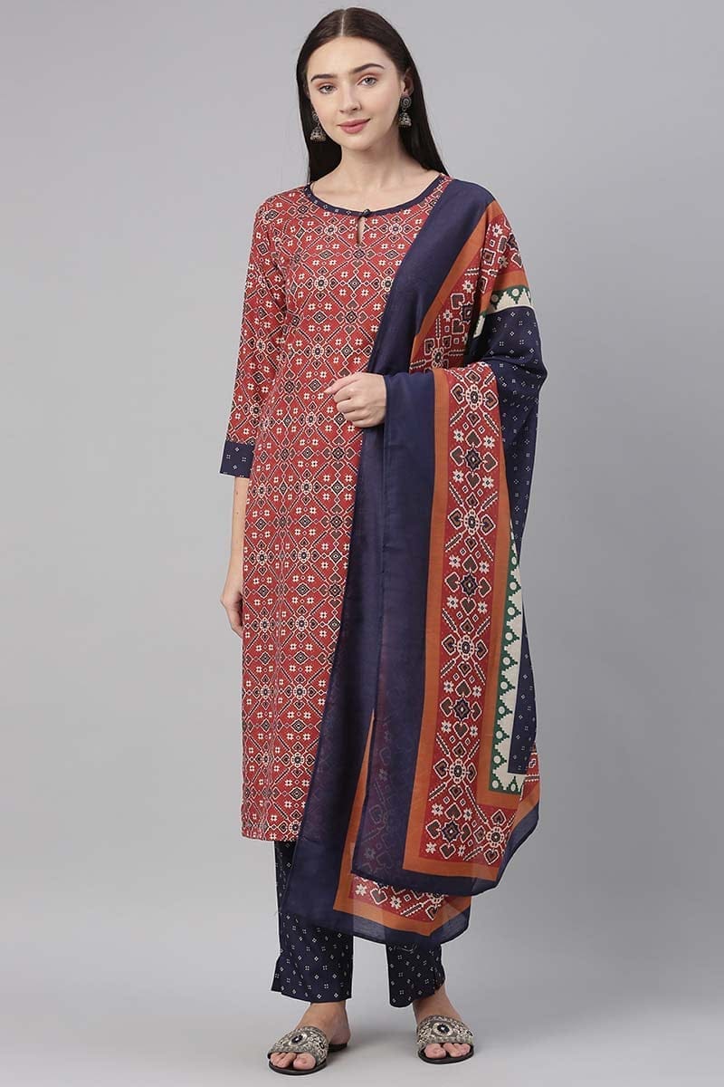 Red Polyester Ikat Print Straight Suit Set PKSKD1023