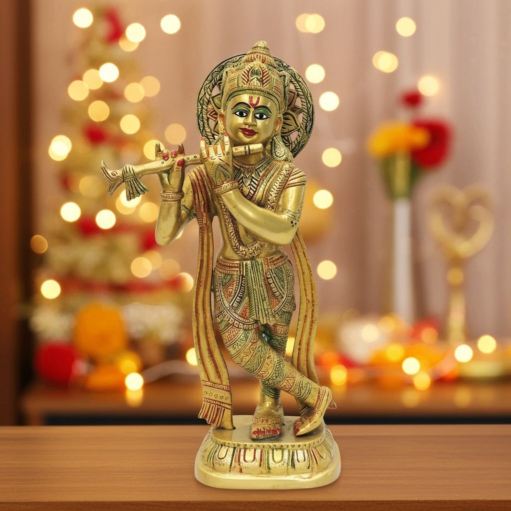 Brass Krishna God Idol Statue – Handcrafted Religious Showpiece, Height : 14 Inch (BSMAS1622 E)