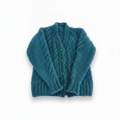 Handmade Teal Woolen Cable-Knit Cardigan