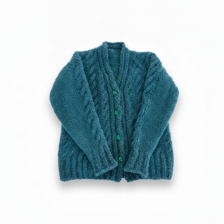 Handmade Teal Woolen Cable-Knit Cardigan