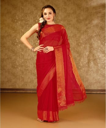 Women's Chiffon Fabric Plain Saree with Unstitched Blouse (Red, 5-6 Mtrs)