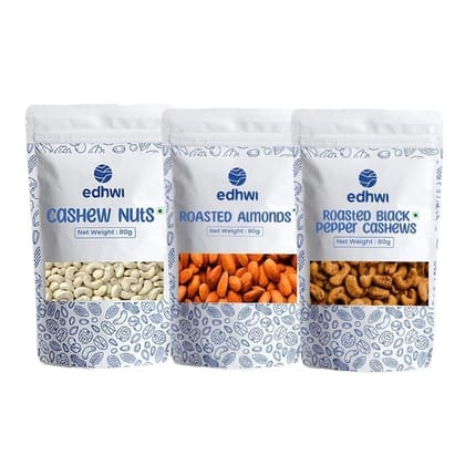 Edhwi Nuts Combo Pack Roasted Almond (80g), Pepper Cashew (80g), Plain Cashew Pack of 3