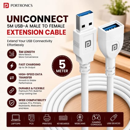 Portronics Uniconnect 5 Meter USB Extension Cable | USB Type-A Male to Female Extension Cord | Fast Data Transfer & Charging | Durable PVC USB Extender for Laptop, PC, Printer, Keyboard, Mouse, Webcam & USB Devices (Random Color| 5 Meter)