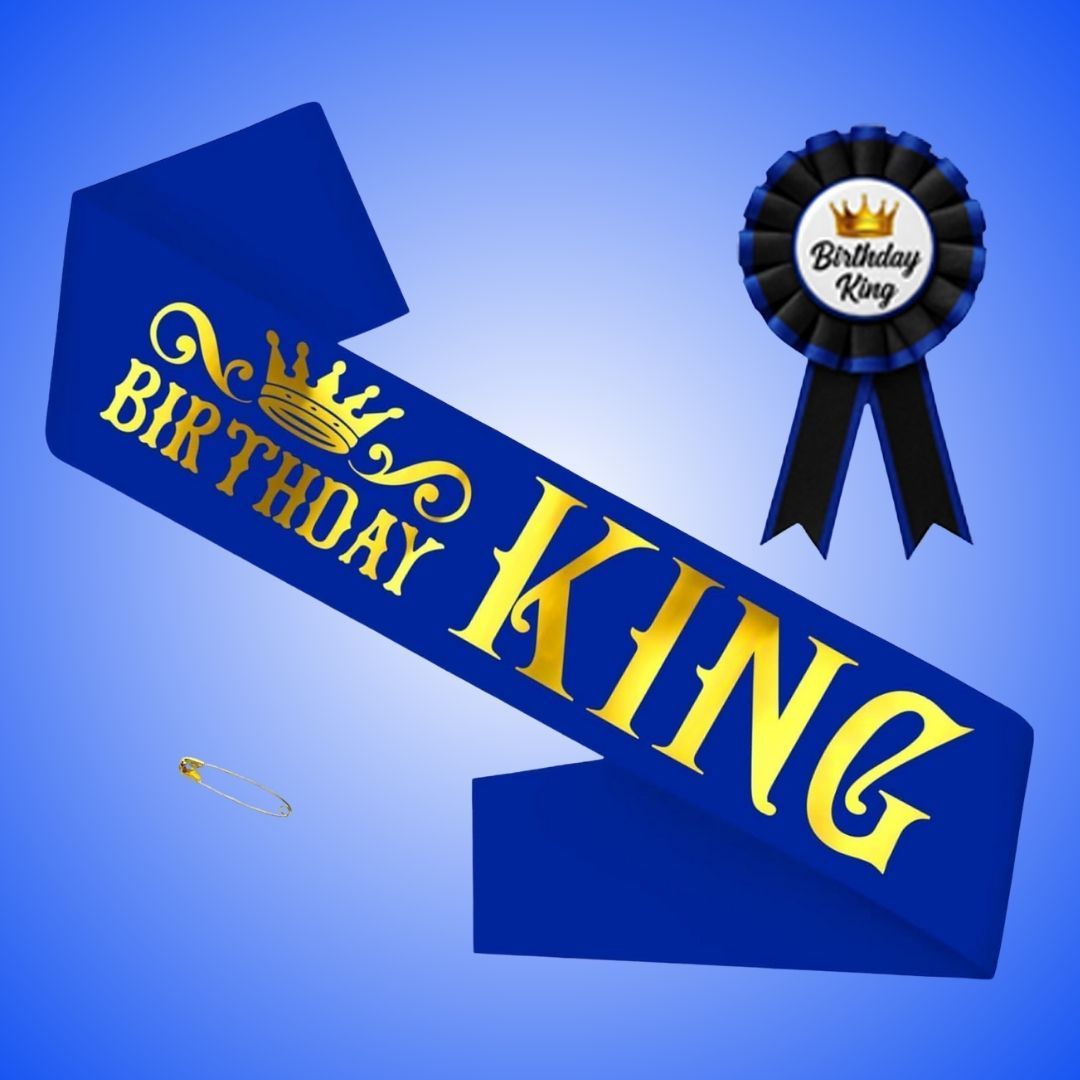 Birthday King Sash & Birhday Crown and  Birthday Boy Badge Award Ribbon Button Pin Combo Kit - Set of 3